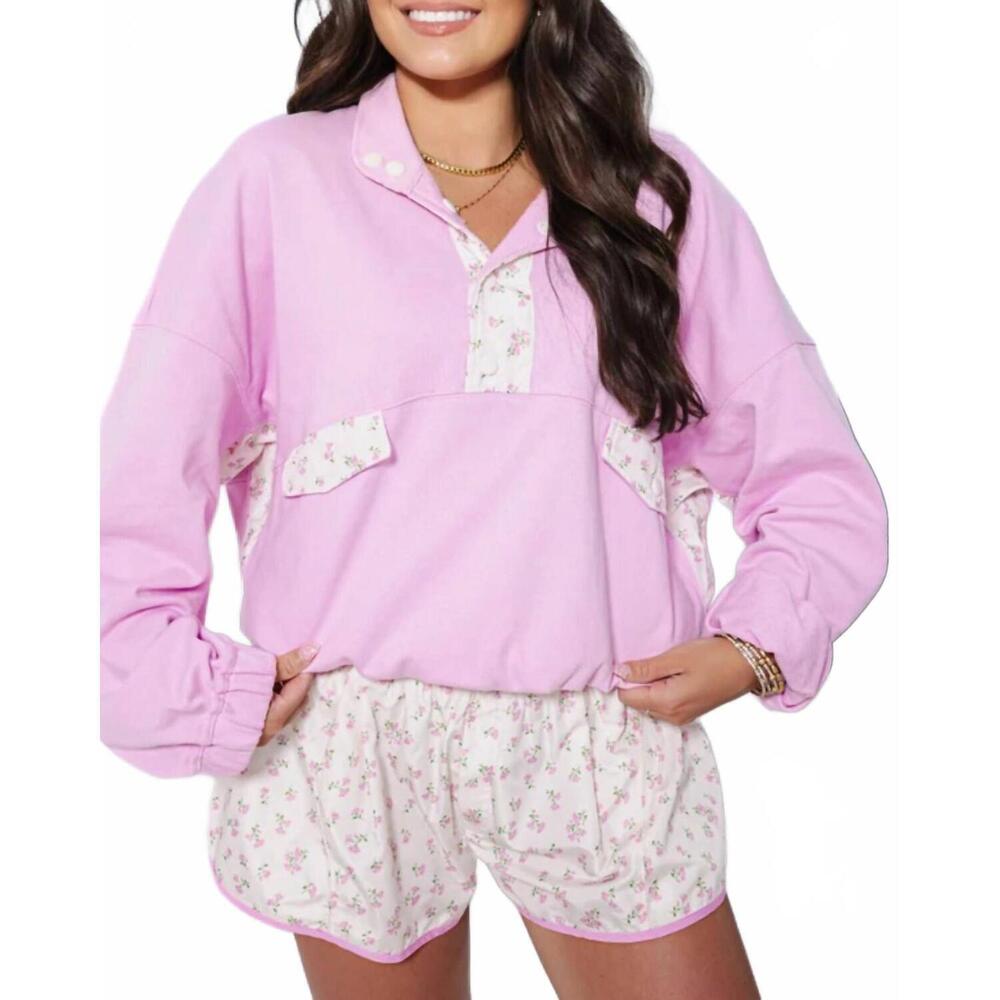 NEW PEACH LOVE french terry with ditsy flower print button up top in pink